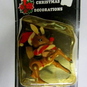 VINTAGE 70'S RED NOSE REINDEER WOODEN ORNAMENT IN ORIGINAL PKG, PRICE PRODUCTS,